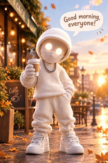 A 3D-rendered character in a fluffy white hooded outfit and face mask holds a steaming coffee cup on an autumn street, with a speech bubble saying "Good morning, everyone!"
