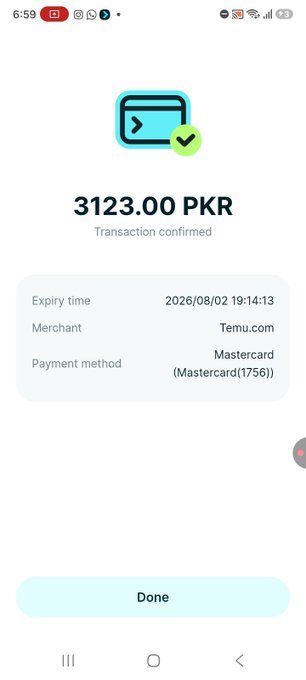 A mobile payment confirmation screen showing a successful transaction of "3123.00 PKR" to the merchant "Temu.com" paid via Mastercard, dated 2026/08/02.