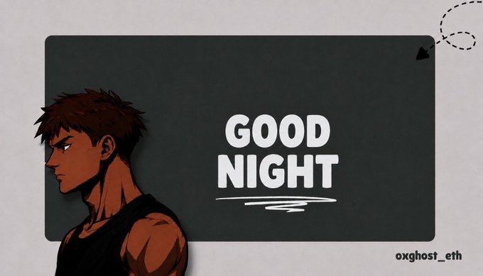 The image features an anime-style illustration of a young man with brown hair and a black tank top against a dark background, paired with bold "GOOD NIGHT" text and the handle "oxghost_eth." It serves as a closing graphic for the poster's day, signing off after sharing research on @NomismaNetwork and its AI integration before resuming tomorrow.