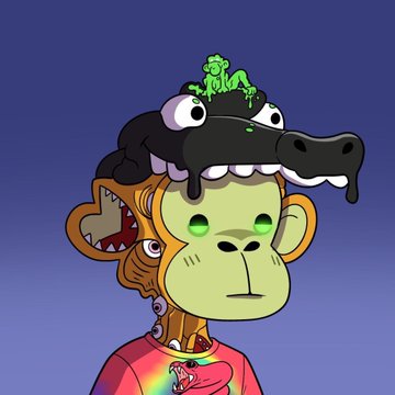 Cartoon NFT artwork depicting a stacked character: a monkey head on top of a larger ape face wearing a black cap with googly eyes, with a small green frog sitting on the cap, wearing a tie-dye shirt.