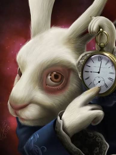 A white rabbit clutches a vintage pocket watch, its large amber eye staring intently against a deep crimson, cosmic background—evoking the urgency of Alice's late arrival. The image pairs with the message "The clock is ticking" by visually embodying the race against time, emphasizing that being "1/999 before the time is up" is critical.