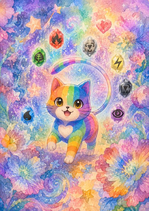 A colorful illustration of a rainbow-striped kitten with a heart on its chest, surrounded by floating elemental gem symbols and flowers.