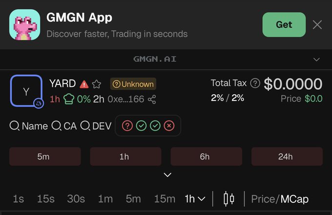 The image shows the GMGN App interface displaying the YARD token (CA: 0xe...166) with an "Unknown" status and 0% change in 2h, as referenced in the accompanying post which shares trading links via Anvil, GMGN, and OpenSea for the upcoming @TickerYardHQ launch.