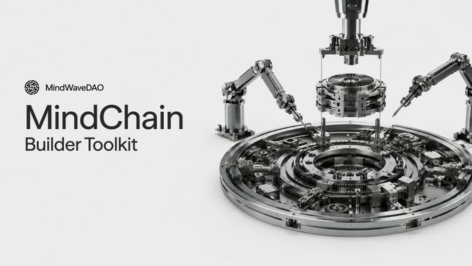 A promotional banner for MindWaveDAO's 'MindChain Builder Toolkit' features a metallic robotic assembly with mechanical arms working on circular components against a white background.
