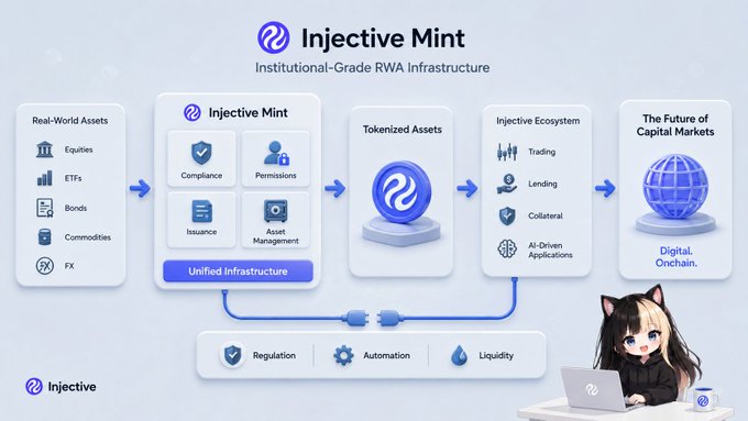 An infographic for 'Injective Mint' describing Institutional-Grade RWA Infrastructure, showing the flow from Real-World Assets (Equities, ETFs, Bonds, Commodities, FX) through Tokenized Assets to the Future of Capital Markets.