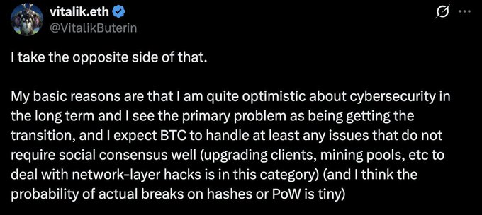 A screenshot of a tweet by Vitalik Buterin (@VitalikButerin) stating 'I take the opposite side of that,' followed by his optimistic views on cybersecurity and Bitcoin's ability to handle network-layer issues.