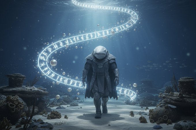 The image features a man walking through an underwater scene with a large spiral-like object floating above him. The man appears to be wearing a helmet for protection as he navigates this unique environment. The background of the image is filled with water, rocks, and other elements that contribute to the overall atmosphere of the scene.