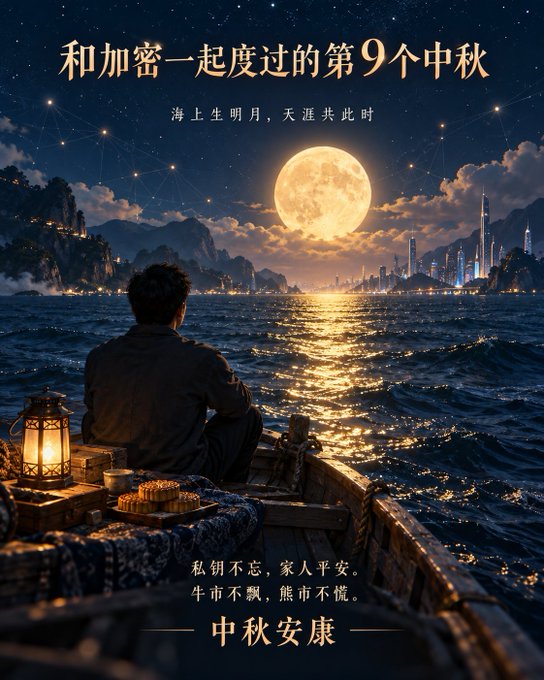 A man sits in a wooden boat gazing at a glowing full moon over the sea, with a lantern and what appears to be mooncakes nearby. Chinese text reads "和加密一起度过的第9个中秋" (The 9th Mid-Autumn Festival spent with crypto) and "中秋安康" (Wishing you peace this Mid-Autumn), with poetic lines wishing peace regardless of bull or bear markets.