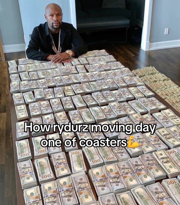 A man sits behind a massive display of stacked $100 bills, with gold bars lined up on the side, captioned "How rydurz moving day one of coasters 💪" — visually echoing the post's boast about racking up multiple big wins on Roobet.