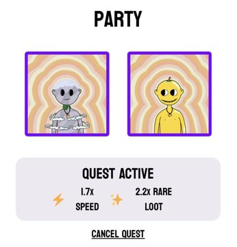 The image shows two cartoon characters, one gray and one yellow, standing side by side with their eyes closed. The text above them reads "Party" and below them there are three bullet points providing information about a Quest activity they have completed.