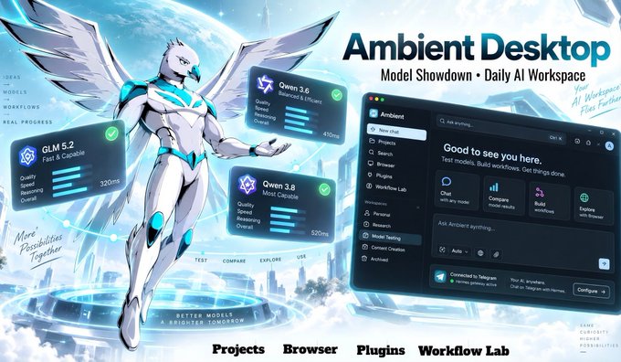 A promotional graphic for 'Ambient Desktop' featuring a winged robotic figure and a UI panel showing AI workspace capabilities with models like Qwen 3.6, Qwen 3.8, and GLM 5.2.