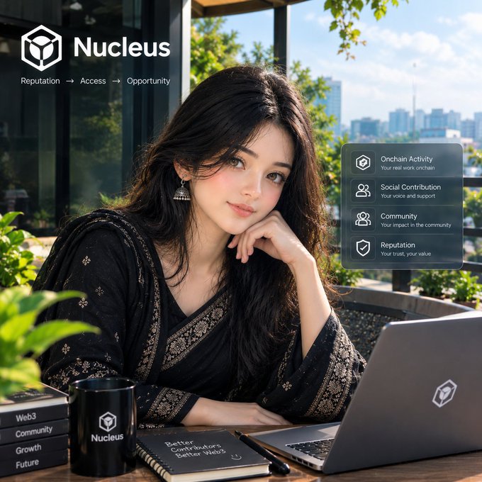 A young woman in a black embroidered outfit sits at a wooden desk with a laptop branded "Nucleus," a matching mug, and stacked books labeled "Web3," "Community," "Growth," and "Future," along with a notebook reading "Better Contributor Better Web3." The image features the "Nucleus" logo with the tagline "Reputation → Access → Opportunity," and a floating panel highlights four metrics: "Onchain Activity – Your real work onchain," "Social Contribution – Your voice and support," "Community – Your impact in the community," and "Reputation – Your trust, your value," visually reinforcing the post's message that genuine reputation in Web3 is built through consistent onchain activity, social contribution, and community impact—not just attention.