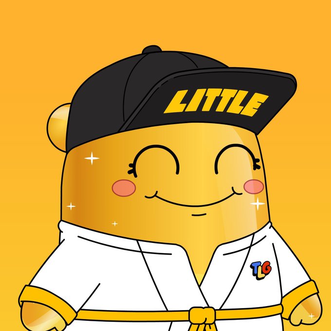 A cute cartoon bear character wearing a black cap with "LITTLE" written in yellow text and a white robe, with a small "TG" logo on the chest, set against an orange background. The character represents a "Little Guy" from the @LittleGuysWorld NFT project referenced in the post about holding staked NFTs.