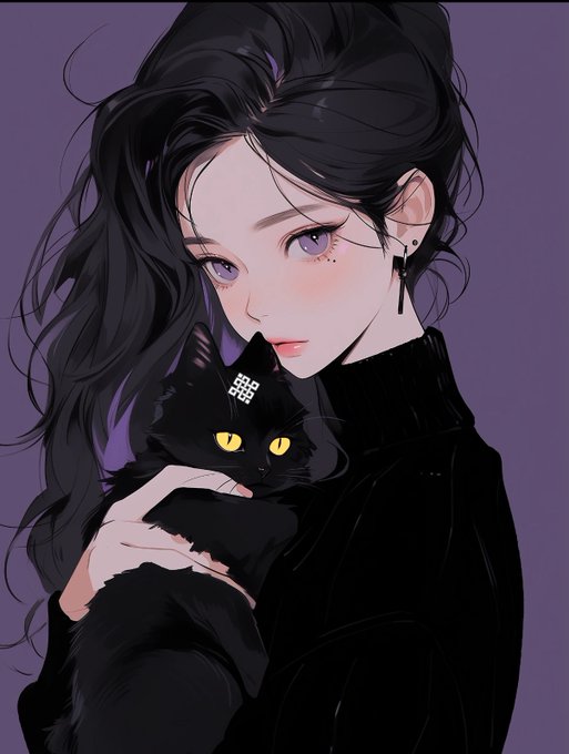 An anime-style illustration depicts a pale young woman with long flowing black hair and purple eyes, wearing a black turtleneck and holding a black cat with a small decorative marking on its forehead against a purple background.