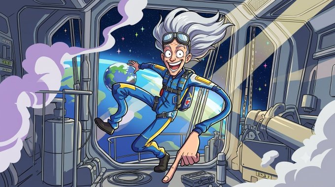 A cartoon illustration of an excited astronaut with wild white hair and goggles floating in a spaceship interior, pointing downward toward Earth which is visible through the window.
