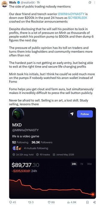 A tweet from Waz (@walsxbt) discussing public trading psychology, featuring a screenshot of an MXD wallet with a value of $89,737.30 and a 24-hour loss of $205,530.61.