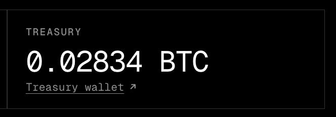A black panel labeled "TREASURY" displays a balance of "0.02834 BTC" with a clickable "Treasury wallet ↗" link underneath, visually confirming the post's claim about the Satpad treasury's current Bitcoin holdings.