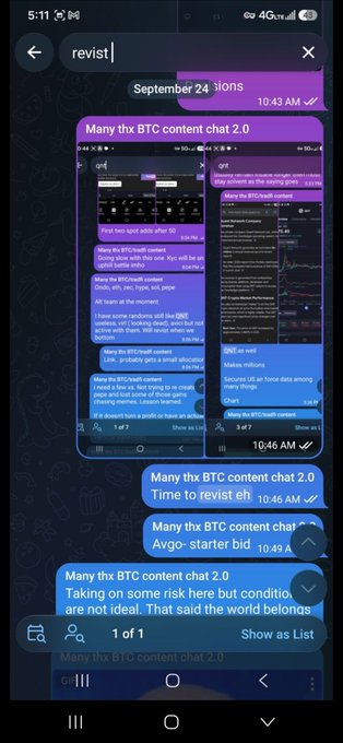 A Telegram chat screenshot showing a user named 'revist' discussing BTC content and various cryptocurrency projects.