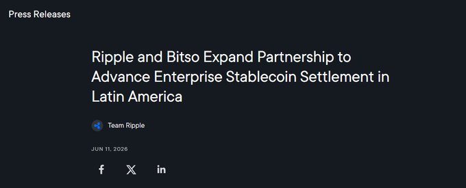 The image shows a screenshot of a press release, which appears to be about Ripple and Bittso expanding their partnership to advance Enterprise Stablecoin settlement in Latin America. The text in the image provides information about the partnership between Ripple and Bittso, as well as the benefits of this collaboration for both parties involved.
