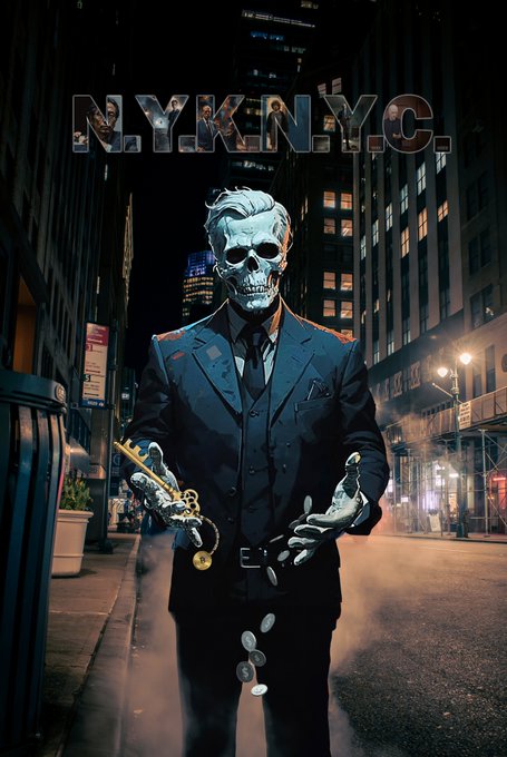 A stylized digital artwork titled "N.Y.K N.Y.C." depicting a man in a dark suit with a skull for a face holding a golden revolver on a dimly lit New York City street at night.