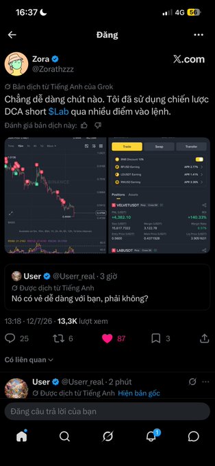 A screenshot of a Vietnamese post from user Zora on X.com discussing shorting the "S$L ab" (SOL/USDT) using DCA strategy to profit from rising prices, shown via a chart screenshot. The accompanying comment expresses excitement about being replied to by an influencer who shared crypto trading experience, comparing it to advice received from a mentor 8 years ago.