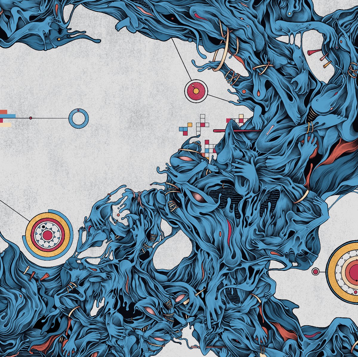 The image features a digital art piece with a blue background that appears to be a complex network of lines and shapes. The artwork has been edited using a gradient effect, giving it a unique and visually appealing look. The artist's signature can be seen in the bottom right corner of the image.