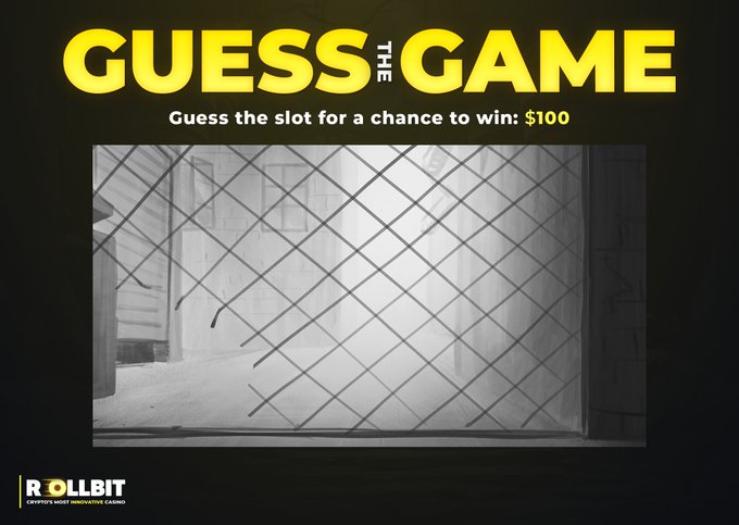 An advertisement for 'GUESS THE GAME' by Rollbit, offering a chance to win $100 by guessing the slot from a black and white image of a diamond-patterned window.