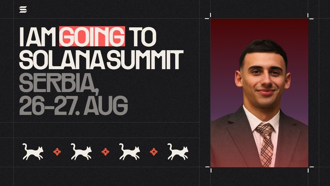 Promotional graphic reading 'I AM GOING TO SOLANA SUMMIT SERBIA, 26-27. AUG' with animal silhouettes and a photo of a young man in a suit and plaid tie.