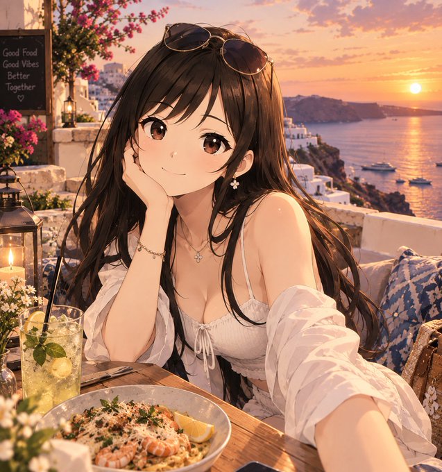 An anime-style illustration of a girl with sunglasses on her head sitting at a table with food and a drink, overlooking a Mediterranean-style coastal town at sunset.
