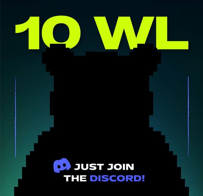 A promotional Discord graphic with a pixelated black character silhouette and bright yellow text reading '10 WL' (10 wishlist), along with the Discord logo and 'JUST JOIN THE DISCORD!' call-to-action.