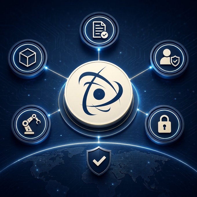 A digital illustration featuring a central coin with an eye/atom logo surrounded by interconnected icons representing documents, packages, user security, automation/robotics, and a lock, set against a globe and circuit board background.