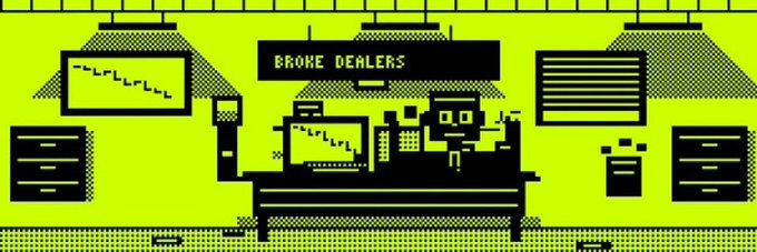 A pixel art scene with a neon green and black color scheme depicts a dealership office, featuring a character behind a desk under a "BROKE DEALERS" sign, alongside computer monitors and cabinets—visually embodying the "Broke Dealers" NFT collection's theme of being "rich in deals, broke in stocks."