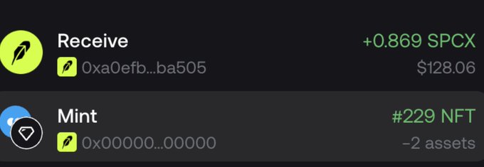 Wallet activity showing a Receive transaction of +0.869 SPCX ($128.06) from address 0xa0efb...ba505, and a Mint transaction for #229 NFT costing 2 assets.