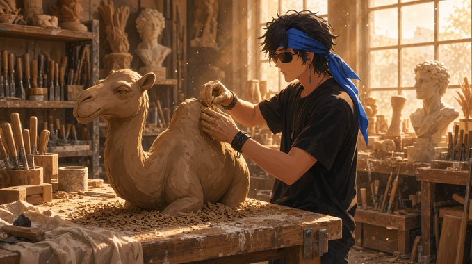 An anime-style illustration of a man with a blue headband and sunglasses sculpting a clay camel in a dusty art studio filled with classical busts and sculpting tools.