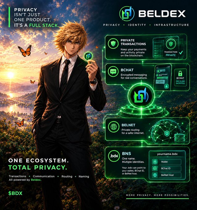 A promotional poster for "BELDEX" ("$BDX") featuring an anime-style blonde man in a suit holding a butterfly, advertising the privacy ecosystem with features including Private Transactions, BChat, Belnet, and BNS.