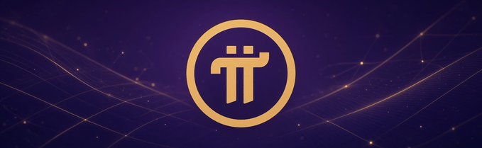 Gold Pi (π) cryptocurrency logo displayed on a dark purple background with subtle network line patterns.
