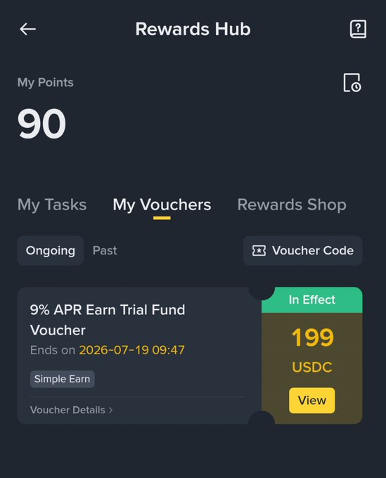 A 'Rewards Hub' mobile screen showing 90 My Points, with the 'My Vouchers' tab selected, displaying an active '9% APR Earn Trial Fund Voucher' worth 199 USDC expiring on 2026-07-19.
