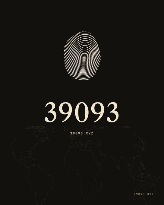 A black graphic featuring a white fingerprint design, the number "39093", the text "39093.XYZ", and a faint outline of a world map.