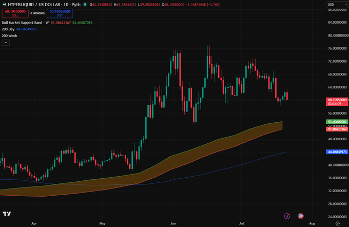 TradingView candlestick chart showing HYPERLIQUID / US DOLLAR at $60.10550000 with a 3.74% decline, featuring 200-day moving average at 44.04849973 and Bull Market Support Band.