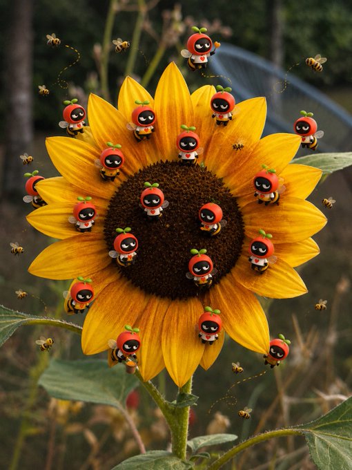 A sunflower in a field surrounded by cartoon bees and small red-helmeted cartoon characters on the petals.