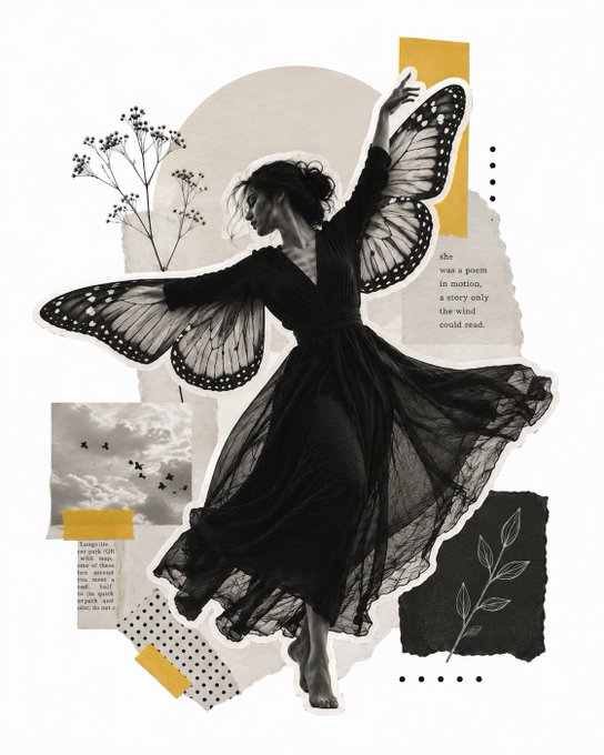 A black-and-white photo collage depicts a dancer in a flowing dress with butterfly wings spread wide, set against botanical sketches and torn paper scraps, with the visible text "she was a poem in motion, a story only the wind could read" reinforcing the poetic theme of graceful, ephemeral movement conveyed in the accompanying post.