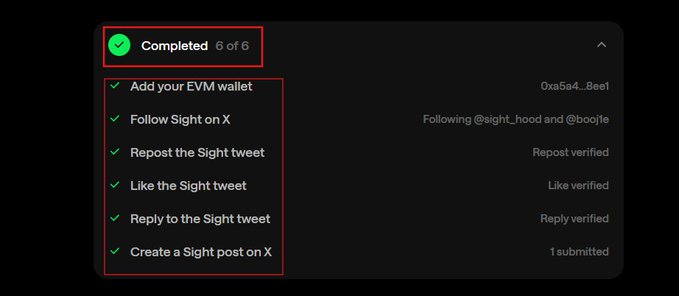 The image shows a completed checklist of 6/6 tasks for the @sight_hood project, including adding an EVM wallet (0xa5a4...8ee1), following @sight_hood and @boojfe on X, and reposting, liking, replying to the Sight tweet, and creating a Sight post. This aligns with the post's promotion of Sighthood as an early prediction market opportunity on Robinhood Chain, where completing these social engagement tasks likely qualifies users for the Genesis NFT reward mentioned.