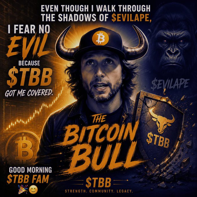 A crypto-themed graphic titled "THE BITCOIN BULL $TBB" featuring a man in a horned hat, a gorilla labeled "$EVILAPE" in shadow, and text including "I FEAR NO EVIL BECAUSE $TBB GOT ME COVERED."