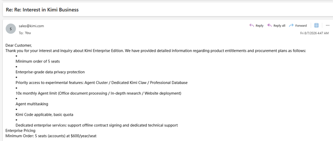 An email from sales@kimi.com dated 8/7/2026 responds to a customer inquiry about "Kimi Enterprise Edition," detailing a minimum 5-seat order at $600/year/seat with enterprise-grade data privacy, agent multitasking, and Kimi Code API access. The image appears to support a post about $DELPHIC (contract address 0xaa730f8cca8a22600f92d854322c560390fcff87), suggesting a connection between the Kimi Enterprise service and the cryptocurrency being promoted.