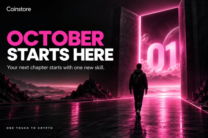 A promotional graphic for 'Coinstore' featuring a person walking toward a glowing pink doorway displaying '01', with text reading 'OCTOBER STARTS HERE' and 'Your next chapter starts with one new skill.'