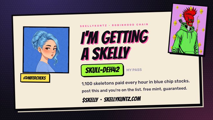 A promotional graphic for 'SKELLYKUNTZ • ROBINHOOD CHAIN' titled 'I'M GETTING A SKELLY' featuring cartoon characters and pass code 'SKULL-DEH42'.