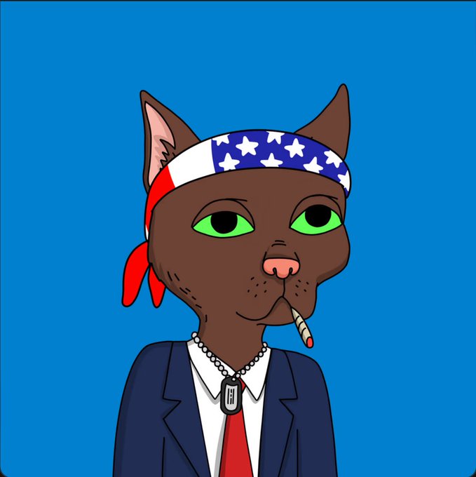 An illustration of a brown cat character wearing an American flag bandana, a suit with a red tie, dog tags, and holding a cigarette, set against a blue background.