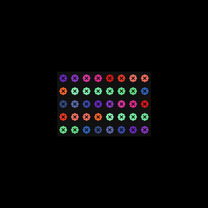 A grid of colorful, pixelated cross or X-shaped icons in various shades of purple, pink, red, orange, green, and blue arranged in rows on a black background.