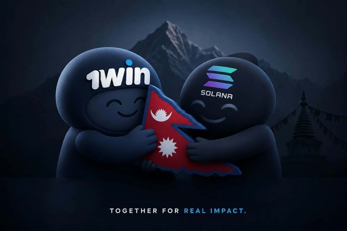 A digital illustration features two cartoon mascot figures, one branded '1Win' and the other 'Solana', hugging while holding the flag of Nepal, with text reading 'TOGETHER FOR REAL IMPACT.'