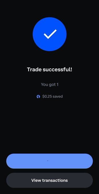 The image displays a cell phone screen showing a trade summary with two thumbs up icons, one of which has a dollar sign in red letters and reads "SuccessfulTrade!", indicating that the user's trade was successful and money was successfully sent back to them for their successful transaction. The text indicates that the trade was worth $0.29. In addition to this information, there is an option to view transactions displayed on the screen.